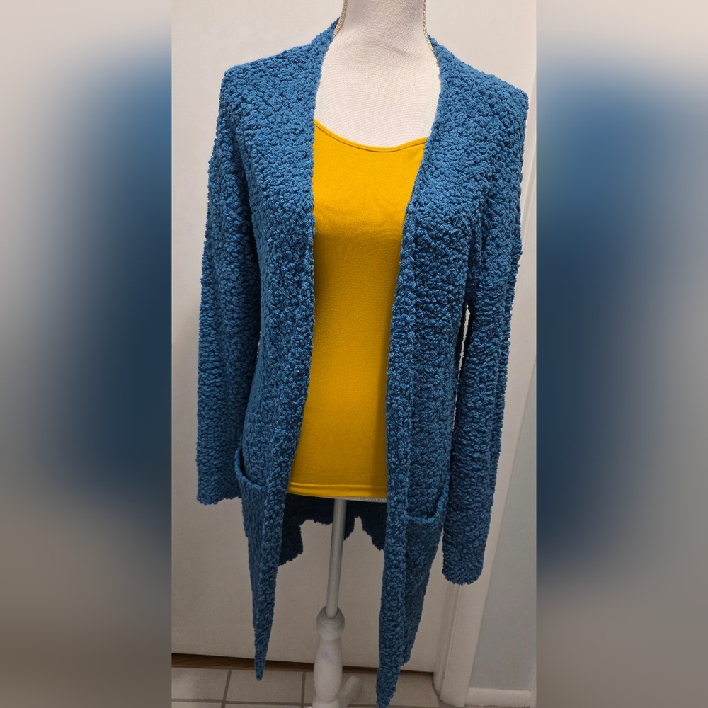 MEROKEETY Teal Textured Popcorn Knit Long Open Front Cardigan Pockets Medium